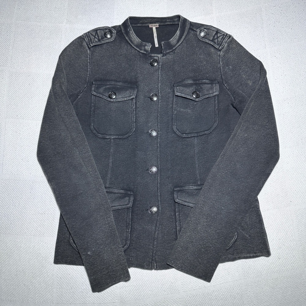 Free People Military Jacket Womens Small Utility Metal Button Faded Cotton Knit